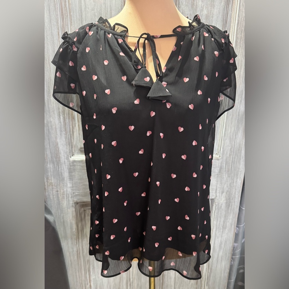 EXCELLENT Haver London Black and Pink Heart Print Blouse (Size: L)